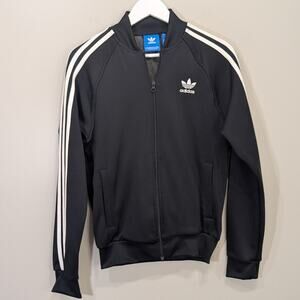 Adidas Track Jacket Black White Tricot Classic Full Zip Trefoil Pockets - Size S